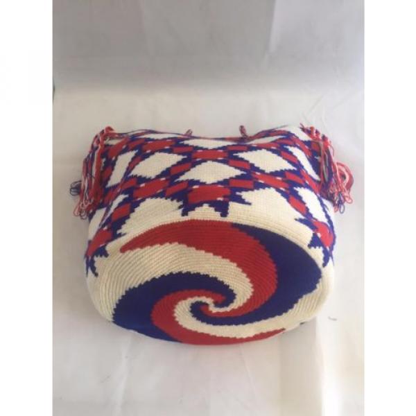 NEW 100% HANDMADE WAYUU MOCHILA TOTE drawstring beach WHITE RED BLUE FRINGE BAG #2 image