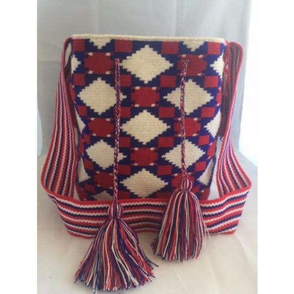 NEW 100% HANDMADE WAYUU MOCHILA TOTE drawstring beach WHITE RED BLUE FRINGE BAG #3 image