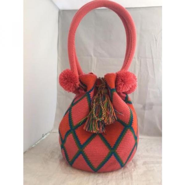 NEW HANDMADE  WAYUU MOCHILA pink FRINGE100% COTTON TOTE drawstring beach BAG #4 image