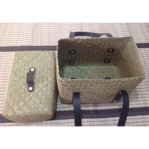 woven wicker square basket with leather strap storage picnic beach bag set of3 #4 image