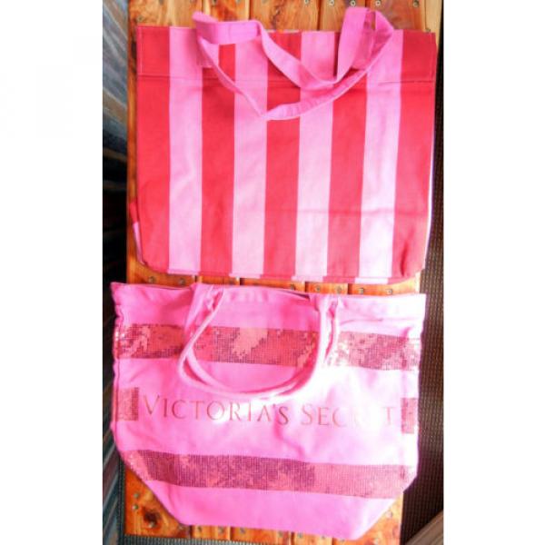 Set of 2 Victoria&#039;s Secret large striped pink sequin canvas tote beach pool bags #2 image