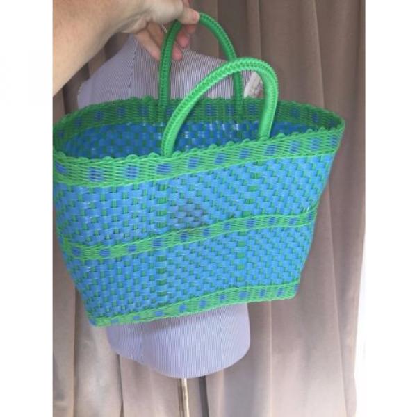 blue and green all woven plastic waterproof beach pool tote bag #1 image