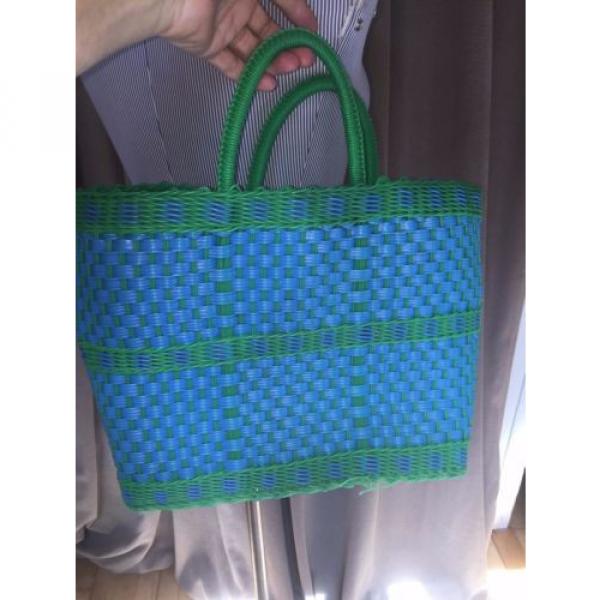 blue and green all woven plastic waterproof beach pool tote bag #3 image