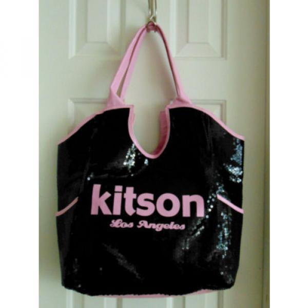 KITSON Los Angeles Pink &amp; Black Sequin Beaded Large Tote Shopper Beach Bag Purse #2 image