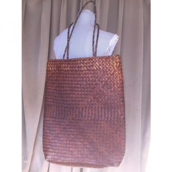 dark brown herringbone weave straw cotton lined long tote beach pool bag #1 image