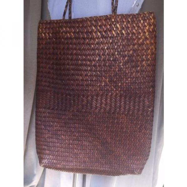 dark brown herringbone weave straw cotton lined long tote beach pool bag #2 image